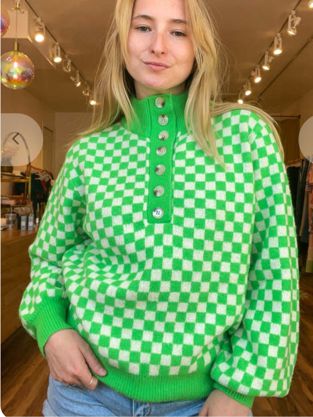 FRNCH Green and White Checkerboard Turtleneck Pullover